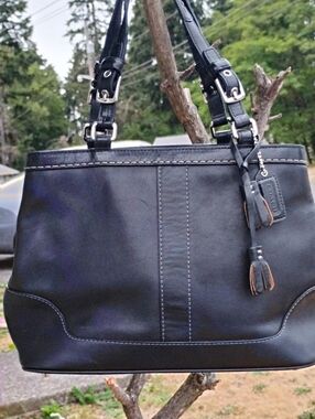 Coach Black Leather Tote with Tassel Charm